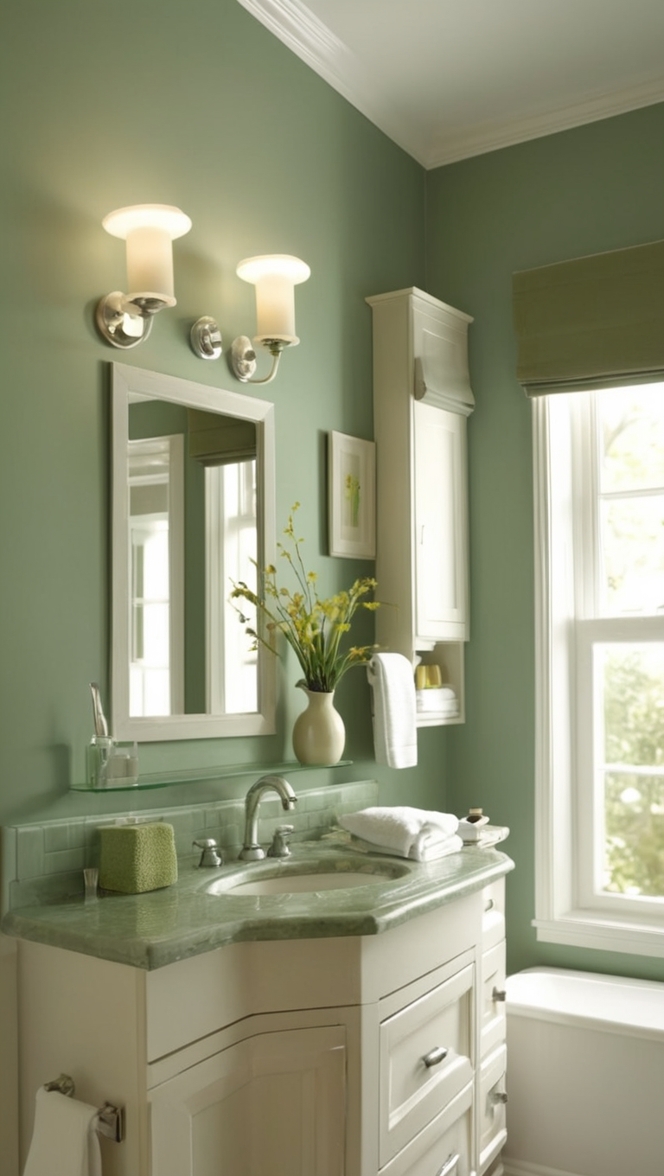 dark green tiles, dark green wallpaper, emerald green bathroom, forest green decor, sage green paint
