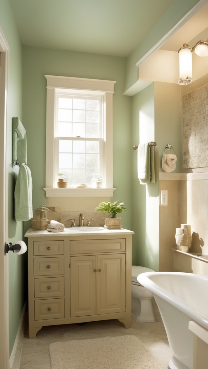 bathroom renovation, green tile, tan paint, modern bathroom, luxury bathroom