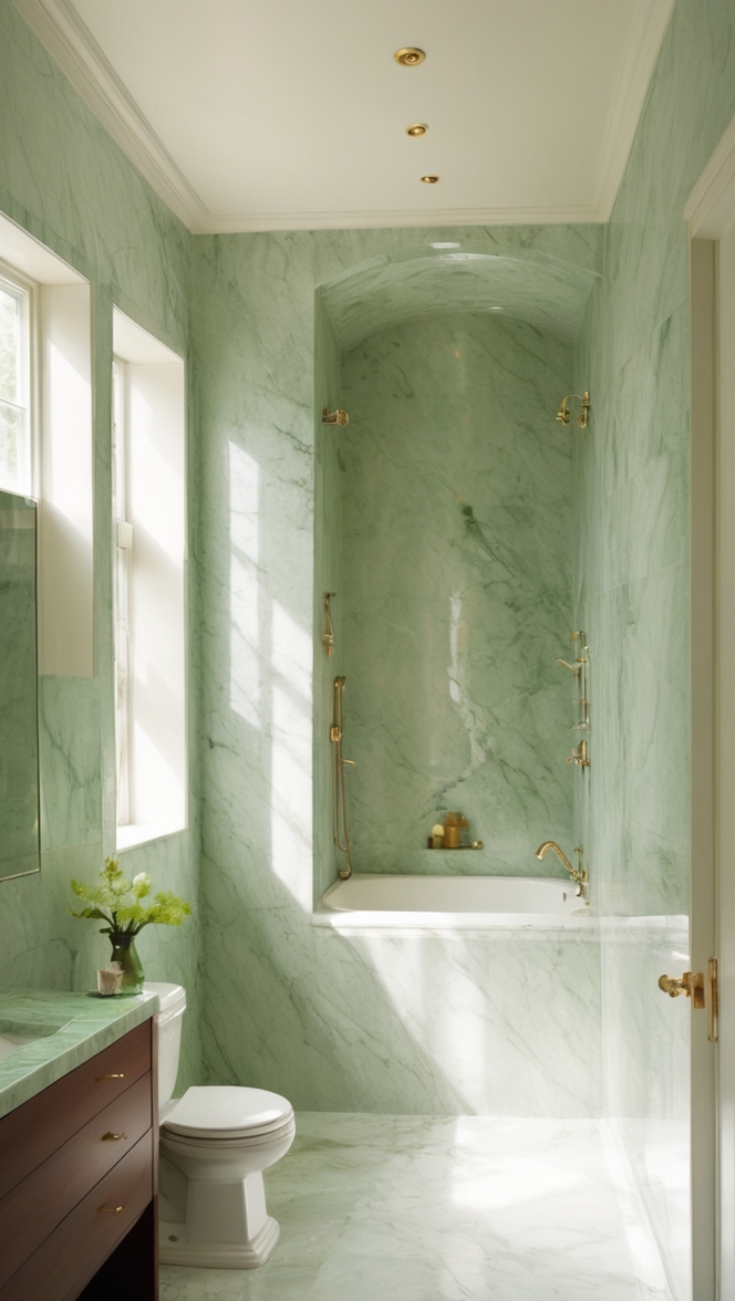 green marble countertops, marble shower tiles, luxury bathroom design, marble sink vanity, elegant bathroom decor