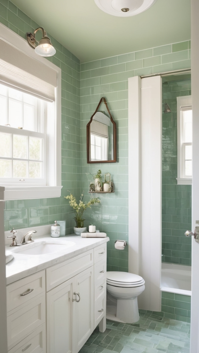 green subway tile, bathroom renovation, subway tile backsplash, modern bathroom design, vintage bathroom remodel