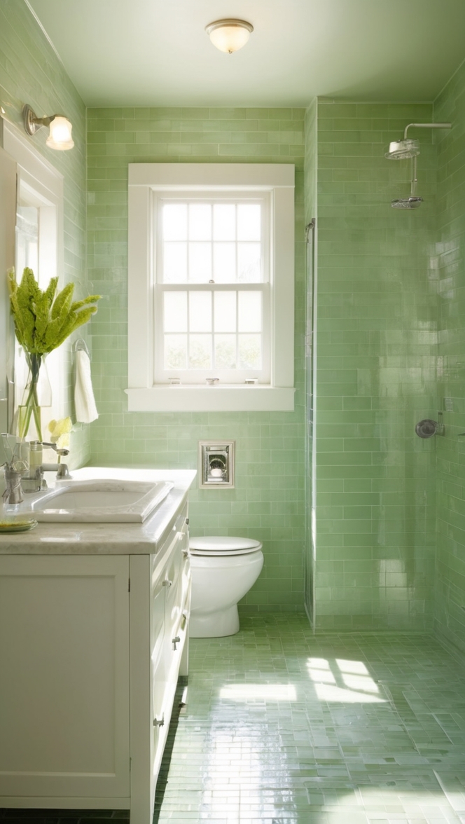 green subway tile, bathroom renovation, subway tile backsplash, modern bathroom design, vintage bathroom remodel