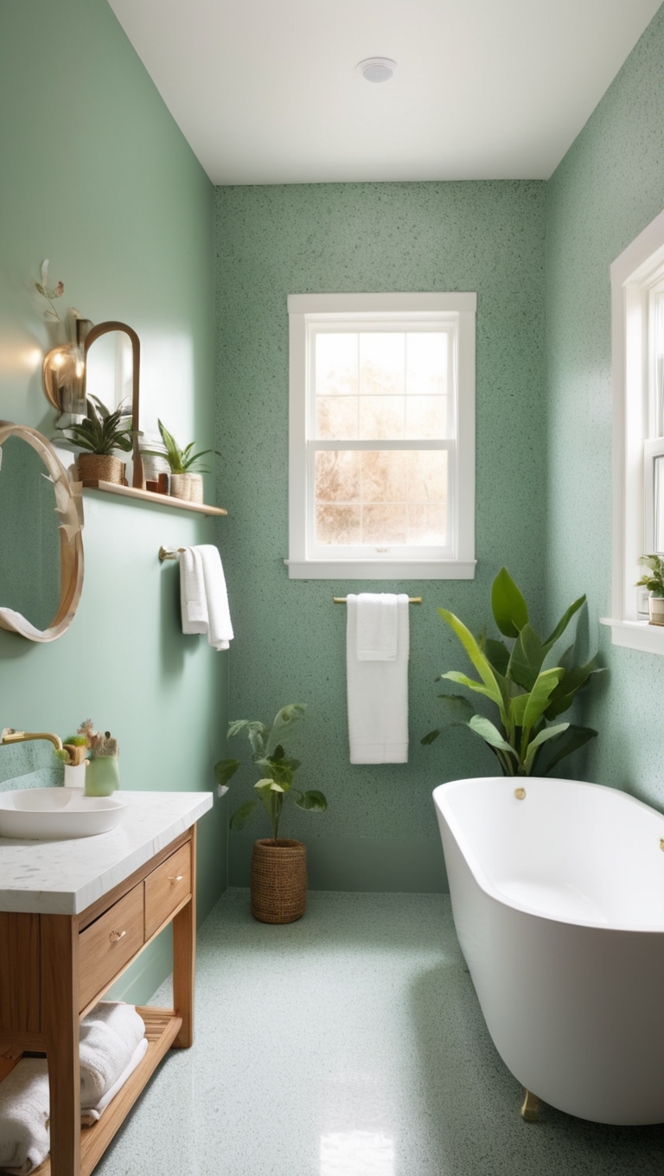 green terrazzo tile, terrazzo bathroom design, terrazzo countertops, terrazzo flooring, terrazzo shower walls