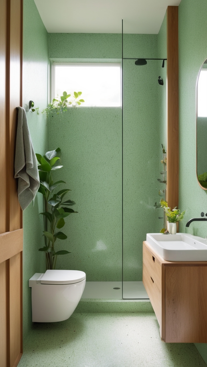 green terrazzo tile, terrazzo bathroom design, terrazzo countertops, terrazzo flooring, terrazzo shower walls