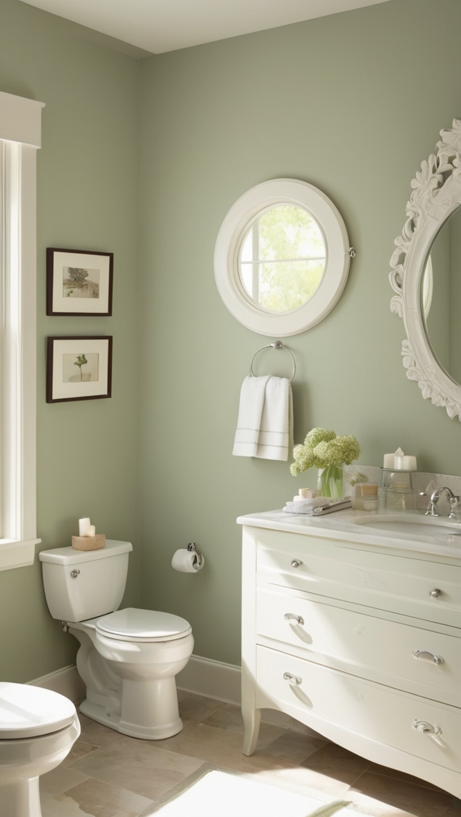 sage green tile, sage green paint, sage green vanity, sage green accessories, sage green decor