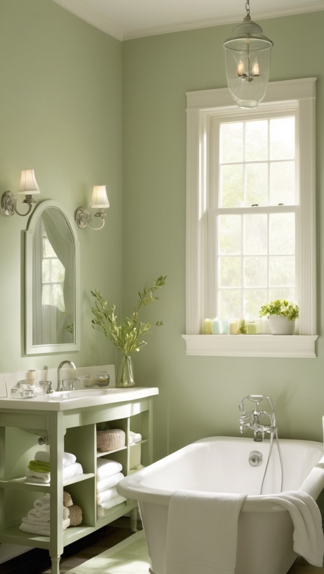 sage green tile, sage green paint, sage green vanity, sage green accessories, sage green decor